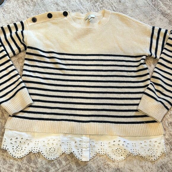Joie blue and cream, striped cashmere wool sweater with eyelet layer size small - Picture 2 of 8